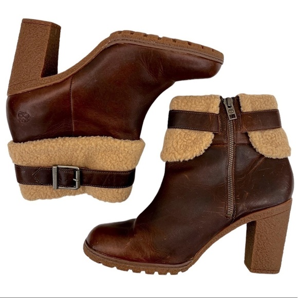Timberland Women’s Oiled Leather Glancy Fleece Folded Down Heeled Booties Boots - Picture 3 of 14